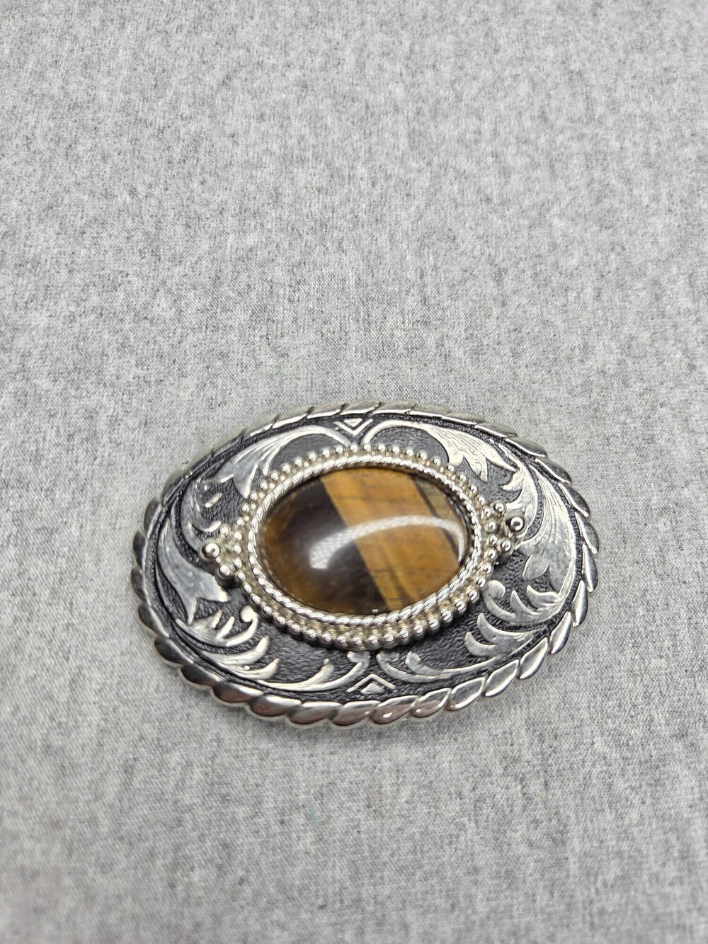 Womens Vintage Western Tiger Eye Gemstone Belt Buckle Silver Tone Oval Floral